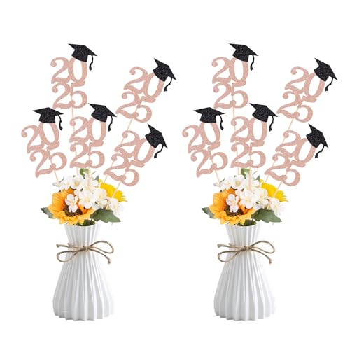 Image of Class of 2025 Graduation Decoration Centerpieces for Table, 2025 Party Centerpieces Grad Cap Sticks Party Supplies, Graduation Party Decoration Toppeers (10 PCS, Rose Gold & Black)