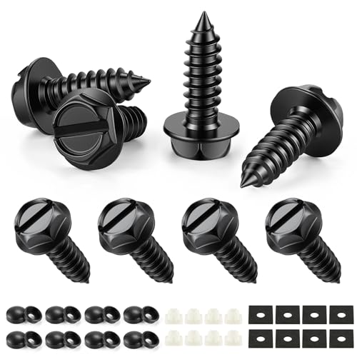 Image of LivTee Rustproof License Plate Screws for Securing License Plates Frames and Covers on Cars and Trucks, 8 Sets Premium Stainless Steel Self Tapping Mounting Bolts (Black Zinc Plated)