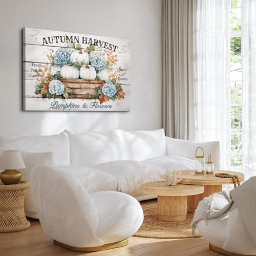 Image of Large Flowers Pumpkin Wall Art Fall Decorations for Home Living Room Wall Decor, Farmhouse Blue and White Hydrangea Floral Poster Canvas Prints Vintage Autumn Harvest Painting Artwork 32x48 inch