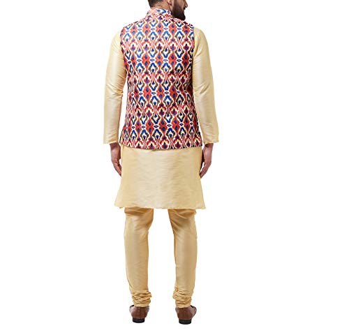 Image of SOJANYA (Since 1958 Men's Silk Blend Gold Kurta Pyjama & Printed Nehrujacket Combo
