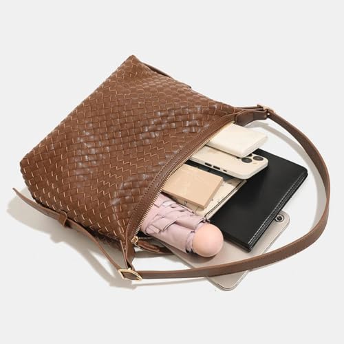 Image of Woven Leather Tote Bag For Women Crossbody Shoulder Bag Large Hobo Handbags Vegan Female Bag Vegetable Basket