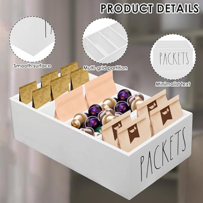 Wooden Seasoning Packet Organizer with 4 Compartments,10.63¡Á5.51¡Á3.15 inch Food Packet Storage Organizer Spice Holder with Dividers, Seasoning Storage Bins for Kitchen Pantry Cabinet Countertop(White)