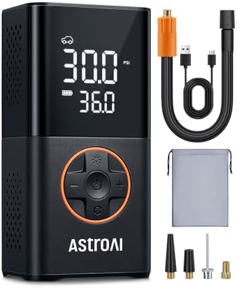 AstroAI Tyre Inflator Cordless Air Compressor, Portable Electric Bike Pump 150 PSI, with Digital Dual Values Display, Pressure Gauge, LEDLight, Rechargeable Tyre Pump for Car, Bike, Motorbike, Ball