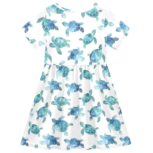 Watercolor Sea Turtle White Prints Summer Girls Short Sleeve Dress Casual Dresses Beach Sundress for 2-8 Years2