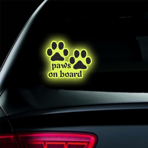 Image of 2pcs Reflective Paw Print Decal Dog Paws on Board Car Window Sticker Safety Warning Sign Stickers Funny Reflective Vinyl Stickers for Car Motorcycles Laptop (Fluorescent Green)