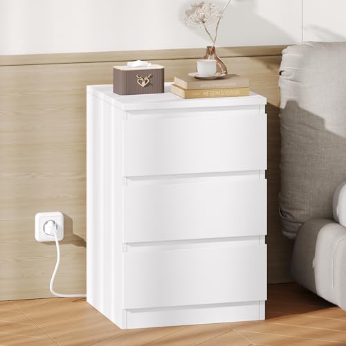 Rovaurx White Nightstand with 3 Drawers, End Side Table with Char...