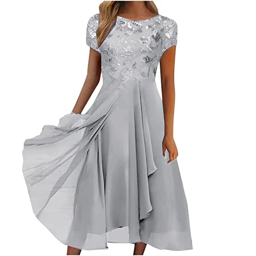 Abendkleid Damen Elegant Chiffon Tüllkleid Lang Kleid Spitze Swing Cocktailkleid Rundhals Kurzarm Festliche Midikleid Hochzeit Partykleid Elegant...
