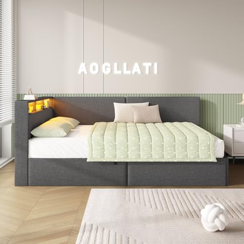AOGLLATI Polsterbett Schlafsofa 140x200 mit USB-Steckdosen & hydraulischem Stauraum, Betten 140x200 mit LED-Kopfteil & Lattenrost, Kinderbett Tagesbett, Doppelbett, Leinen, Dunkelgrau (ohne Matratze)