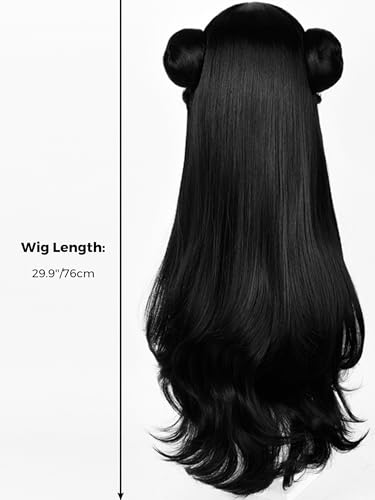Image of Half and Half Long Black Game Fighter Anime Cosplay Wig with Bangs & Double Buns, Hanfu Costume Wigs 29.9'' Chinese Ancient Vintage Wigs for Women Halloween Party