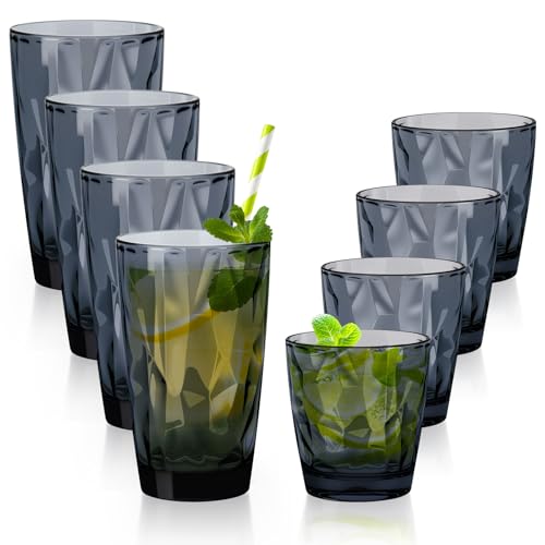 Topsky Plastic Tumblers Reusable,Shatter Proof Cups Drinking Glasses,Unbreakable Plastic Tumblers Beverage Acrylic Juice Wine Cups for Home Picnic Party,Dishwasher Safe,Stackable|10-oz&16-oz|Gray