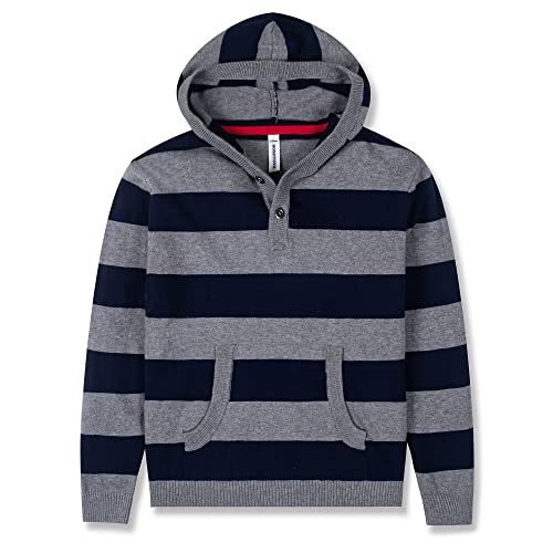 BOBOYOYO Boys Sweater Striped Pullover Hoodie Cotton Button up Kids Casual Hooded Sweashirt with Pocket for 3-12 Y