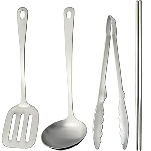 Nagao Kitchen Tool Set, 4 Pieces, Turner, Ladle, Tongs, Vegetable Chopsticks, All Stainless Steel, Matte, Dishwasher Safe, Made in Japan