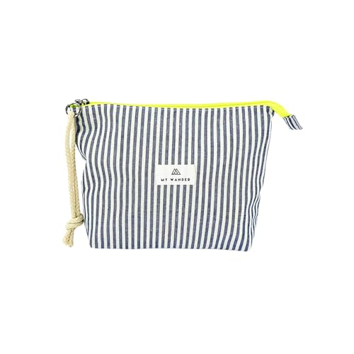 Neceser Mujer de Tela para Maquillaje y Viajes - Bolsa de Aseo Plegable con Forro Impermeable - Bolso de Mano con Cremallera Fluor y Cordón - 20x28x6cm - Fabricado en España (Rayas Azul Marino)