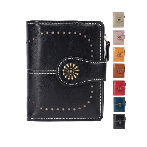 Carteira feminina dobrável de couro com bloqueio de RFID, porta-cartões compacta com bolso para moedas com zíper, Preto, Carteira feminina de couro