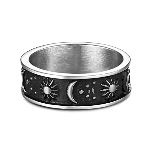 Hzman 8Mm Moon Star Sun Statement Ring Stainless Steel Boho Jewelry For Women Men (Silver, 9) #TOP4