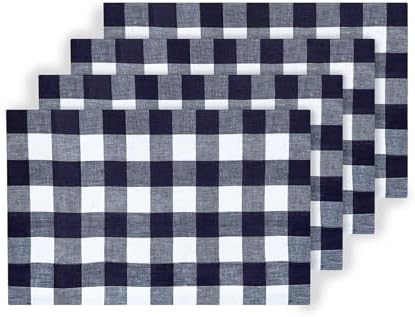 Solino Home 100% Linen Placemats, 14 x 19 in, Navy, Buffalo Check...