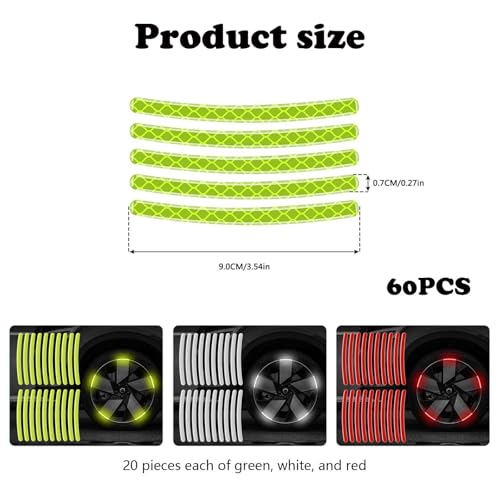Image of 60PCS Car Sticker, Reflective Wheel Rim Stickers for Car, Bike, and Motorcycle, Glow in The Dark Stickers for Night Safety, Easy to Apply, Durable Adhesive (Green White Red)