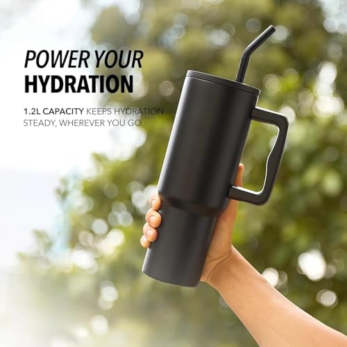 Image of Black Stainless Steel Tumbler with Handle 1200 ml, Straw & Cleaning Brush, Double Wall Leakproof Sipper Tumbler, Cup Holder Fit Travel Mug for Men Women, Portable Tumbler for Gym & Office