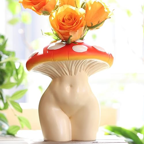 GUGUGO Mushroom Lady Body Vase for Flower, Funky Mushroom Decor,