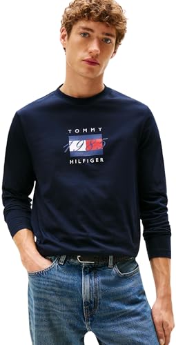 Tommy Hilfiger Men’s Regular Fit Linear Flag Graphic Long Sleeve Top, Blue (Desert Sky), XS