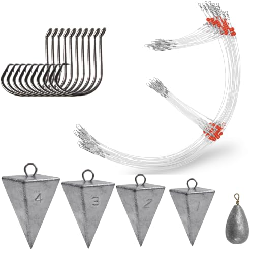Saltwater Surf Fishing Tackle Kit - Saltwater Surf Fishing Rigs Bottom Rigs Include Fishing Leader Rigs Pyramid Sinkers Bass Casting Sinker Circle Hooks for Striped Bass Red Drum Flounder