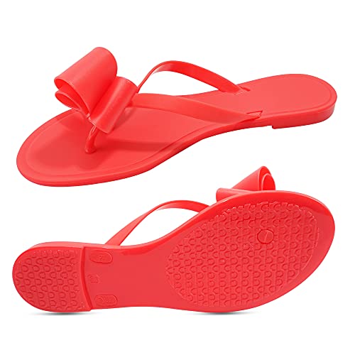 Image of TYFLOVE Women Rivet Flip Flops Studded Jelly Thong Sandals with Bow Summer Bowtie Flat Beach Rain Shoes