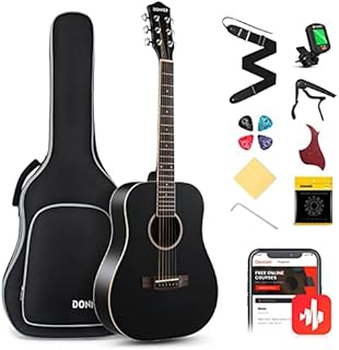 Donner Acoustic Guitar for Beginner Adult 36'' Dreadnought 3/4 Size Black Guitar Bundle Package Kit Travel, Spruce Wood With Gig Bag Capo Tuner Strap String Guitar Picks DAG-1MB
