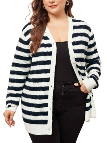 Image of Agnes Orinda Plus Size Cardigan Sweater for Women Button Down Open Front Long Sleeve Striped Knit Cardigans Coat Winter