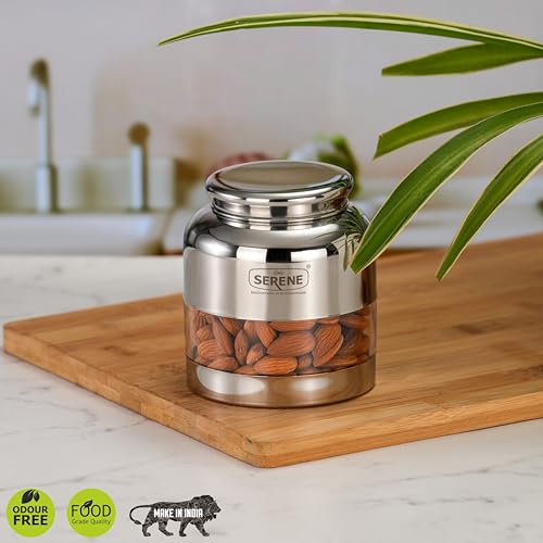 Image of Serene Stainless Steel Exotic See-Through Jar | Airtight Jars for Kitchen Storage | Premium Steel Jars with One Turn Lock Lid | Transparent Stainless Steel Containers | 650ML | 1 PC