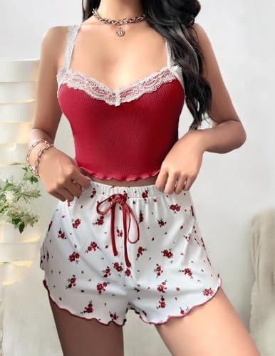 Image of Girece Sexy Pajama Set for Women 2 Piece lounge Set Floral Cami and Shorts Lingerie Set Cute Pjs Lace Trim Sleepwear
