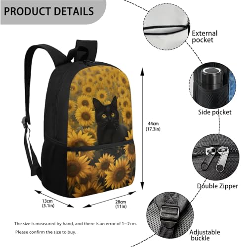 Xoenoiee Black Cat Sunflower Pattern 3Pcs Bookbag+Lunch Box+Pencil Bag for Students 17in Large School Bag Backpack Set for Boys Girls Back To School2
