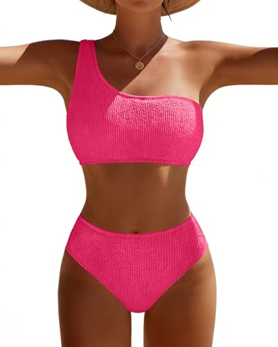 Pfreesea Bikini Sets for Women High Waisted 2 Piece Bestselling Swimsuit Ribbed One Shoulder Tummy Control Bathing Suit 2025, Pink, Small