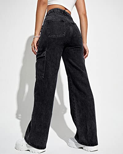 Damen Cargohose Hohe Taille Baggy Cargo Jeans Straight Leg Y2K Streetwear Hose 6 Taschen für Frauen Teenager Mädchen, Schwarz, M