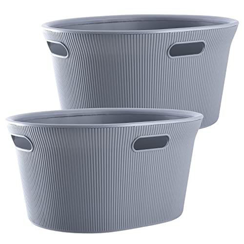 Image of Superio Ribbed Collection - Decorative Plastic Laundry Basket with Cut-Out Handles, Grey (2 Pack) Hamper Organzier for Bedroom Bathroom College Dorm Room 35 Liter