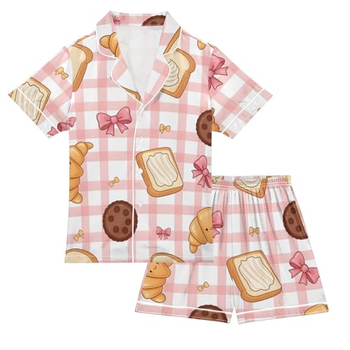 Satin Pajama Sets Short Sleeve Bread Croissant Cookies Butter Pattern Button Down Silky Nightwear 2 Piece PJS 5-14Y