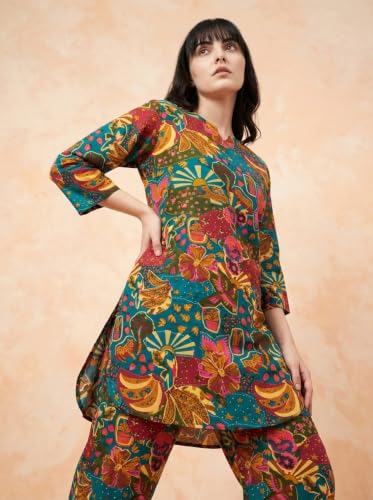 Image of Bee M Pee Designer Trendy Floral Printed Poly Rayon Cotton Kurta Coord Sets for Women | Stylish Casual Kurti Tunic Cord Set with Pant for Woman for Office