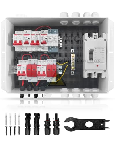 PV Combiner Box 2 String Solar Distribution Box with 25A, 250A DC Circuit Breakers, 63A,125A AC...