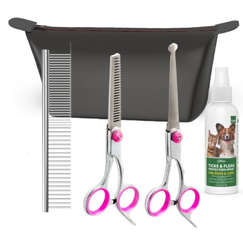 Image of V6 Dog Grooming Shears Kit | 5 Piece Stainless Steel Pet Grooming Set | Thinning Tooth Shear Straight Fish Mouth Scissor | 2 in 1 Steel Comb | Anti Tick Flea Spray 100 ml | Zip Carry Bag