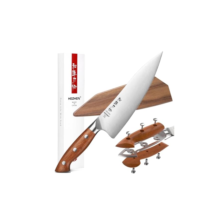 HEZHEN Pro Chefs Knives 8.3 Inch, High Carbon German 1.4116 Steel, Stainless Steel Rivets with Red Wood Handle, Razor Sharp, Super Edge, with Woodend Knife Sheath