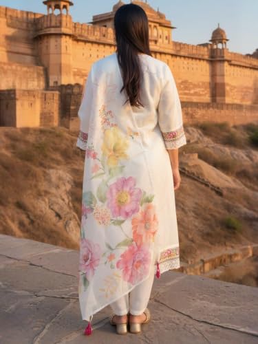 Image of INDO ERA Women's Silk Blend Embroidered Zari Work Straight Kurta & Pant Set | Cord Set For Women