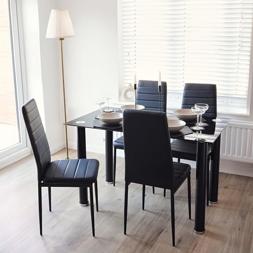 Image of Bravich Dining Table and Chairs, Set of 4. Tempered Glass Dining Table with 4 PU Leather Dining Chairs. Dining Room Sets for Kitchen & Home Furniture. Black Dining Table Set (Dining Table & 4 Chairs)