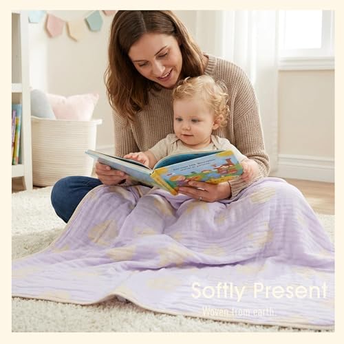Image of 6-Layer Muslin Baby Blanket Made with Organic Cotton - Serene Ocean Life & Sea Wonders Theme,Swaddle & Crib Quilt, 43 inch x 43 inch,Lavender Ocean