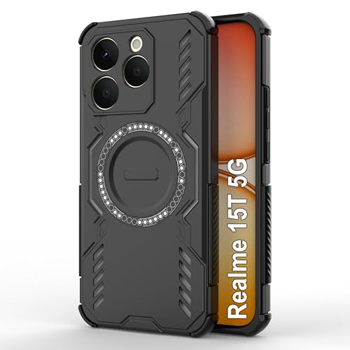 Image of amazon basics Back Case Cover for Realme 15T 5G | Magnetic Case with Built-in Metal Ring | Supports MagSafe Charger, Wallet & Car Mount | Shockproof Hybrid PC + TPU | Black