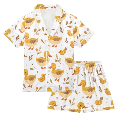 ALAZA Leaf Duck Pajamas Satin Pajama Set Short Sleeve Button Down Sleepwear