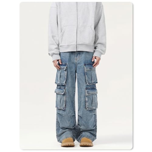 Mens Baggy Cargo Jeans Wide Leg Hip Hop Jeans Streetwear Loose Fit Denim Pants with Multi Pockets2