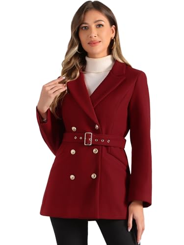 Allegra K Women's Winter Coat Belted Outerwear Casual Work Notch Collar Double Breasted Peacoat