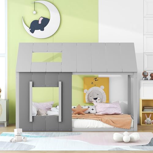 Wiuzo Kinderbett, Kinderbett in Hausform, bodenstehend, sicher und stabil, flaches Einzelbett, mit Platte und Fenster, dunkelgrau + hellgrau 90x200 cm (Dunkelgrau + Hellgrau)