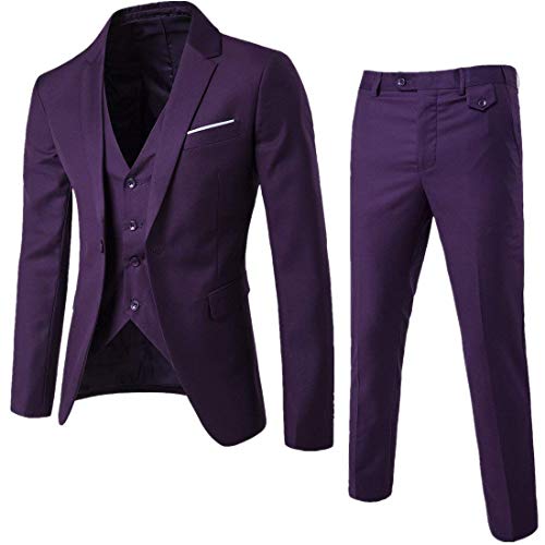 Mens Notch Lapel Modern Fit Suit Blazer Jacket Tux Vest and Trousers Set Three-Piece,Purple,Large