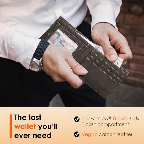 Image of RUNBOX Wallet for Men Slim Leather Bifold RFID Blocking Minimalist Front Pocket Design with Gift Box | Minimalist Front Pocket Design, Holds 8 Cards, RFID Protection, Gifts for Men on Birthdays, Father's Day, and Christmas