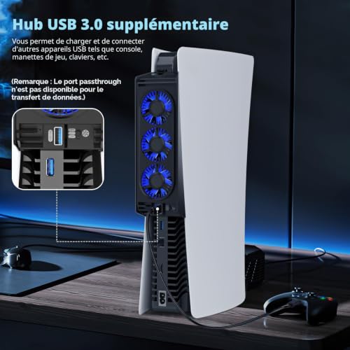 PS5 Ventilateur de Refroidissement avec lumière LED, Silencieux Amélioré pour PS5 Ventilateur avec 3 Ventilateurs et USB Externe HUIJUTCHEN Refroidisseur Vitesse des ventilateurs réglable (Noir) – vue 5